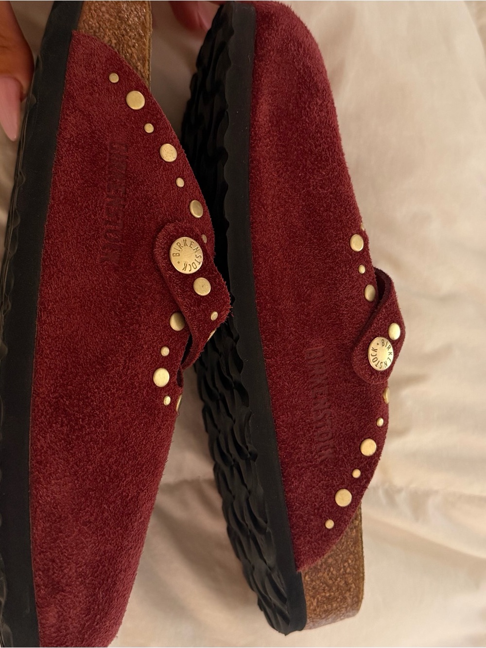 Birkenstock Women's Burgundy Suede Studded Clogs - Picture 2 of 4